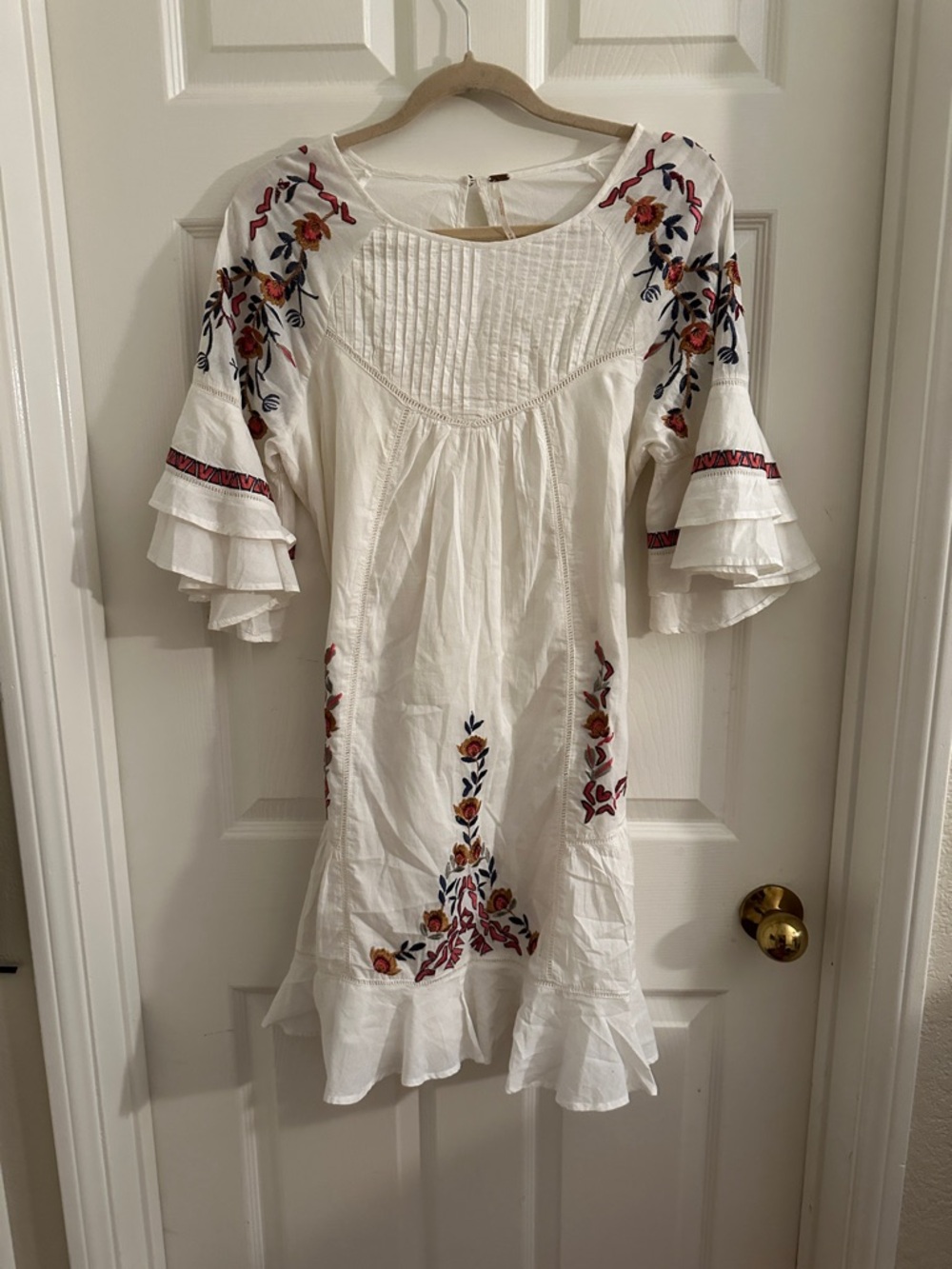 Free People White Embroidered Boho Dress with Red & Blue Floral Accents
